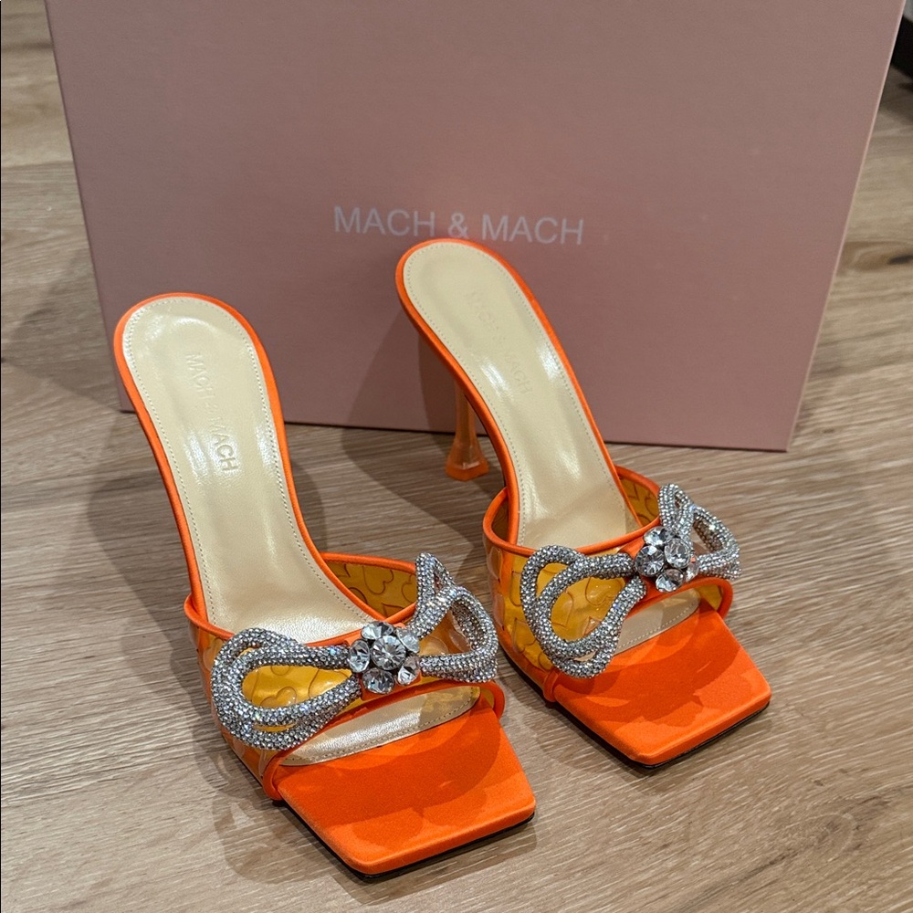 MACH & MACH Orange Crystal Bow High Heel Sandals